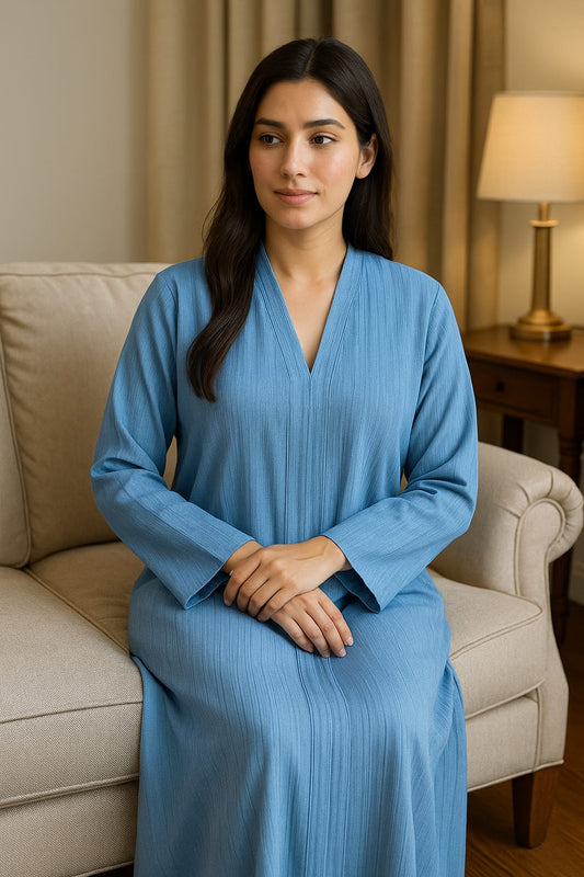 Minimalist Pleated Blue Abaya – Nida Crinkle Fabric