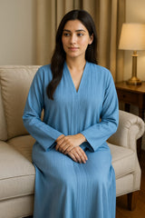 Minimalist Pleated Blue Abaya – Nida Crinkle Fabric