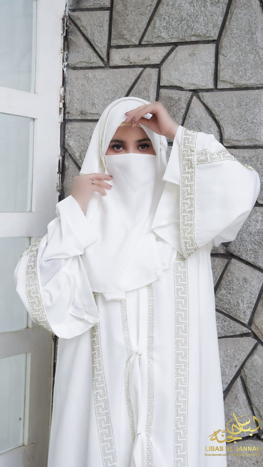 Zayna – White Abaya with Golden DMC Embroidery