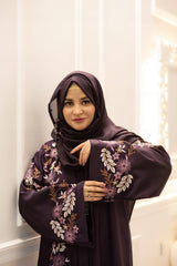 Floral Embroidered Abaya – Purple Elegance | Chinese Nida Fabric with Dupatta*