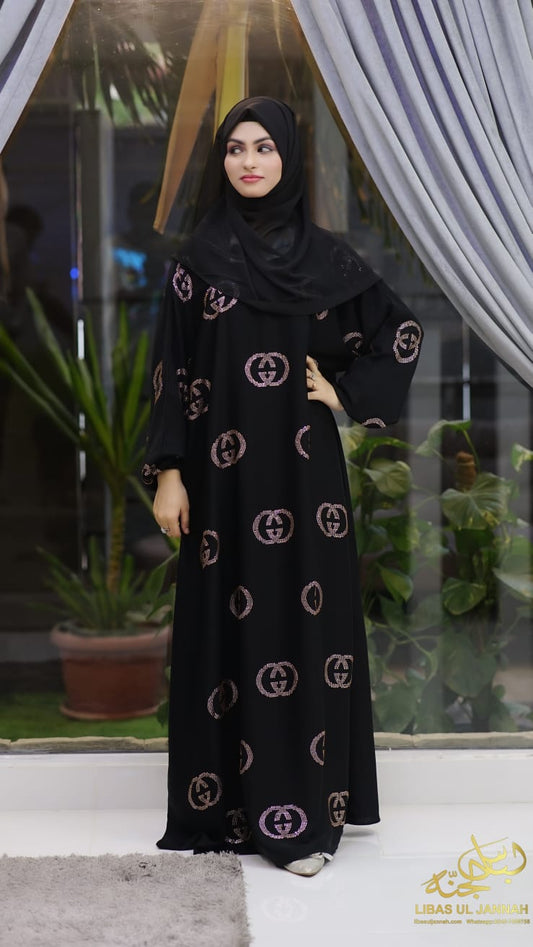 Luxury Black Abaya – Gucci-Inspired Elegance with DMC Peach Nug Embroidery