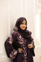 Floral Embroidered Abaya – Purple Elegance | Chinese Nida Fabric with Dupatta*
