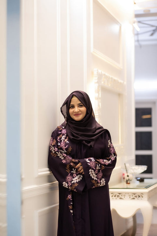 Floral Embroidered Abaya – Purple Elegance | Chinese Nida Fabric with Dupatta*