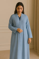 Minimalist Pleated Blue Abaya – Nida Crinkle Fabric