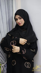 Luxury Black Abaya – Gucci-Inspired Elegance with DMC Peach Nug Embroidery