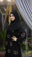 Luxury Black Abaya – Gucci-Inspired Elegance with DMC Peach Nug Embroidery