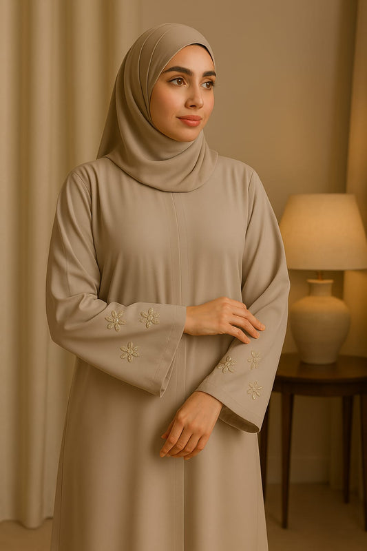 ﻿Floral Hand-Embellished Beige Abaya – Nida Fabric