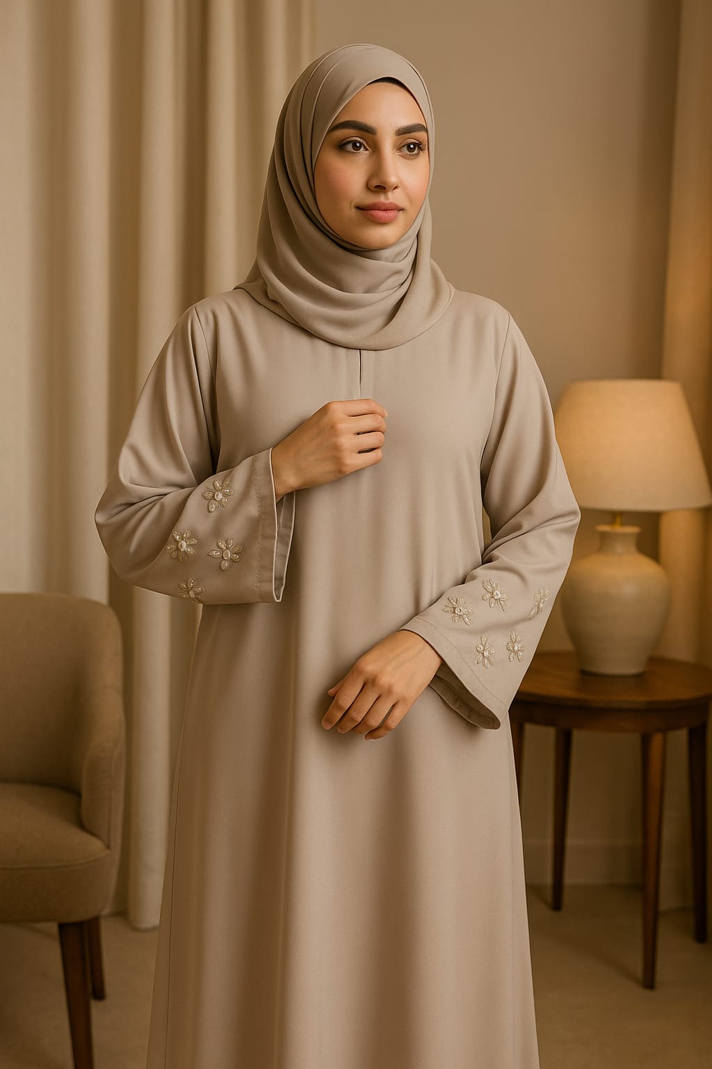 ﻿Floral Hand-Embellished Beige Abaya – Nida Fabric